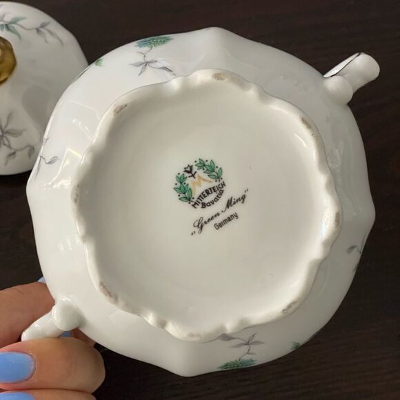 Mitterteich Bavaria Green Ming Gold Trim Sugar Bowl With Lid - Picture 7 of 8